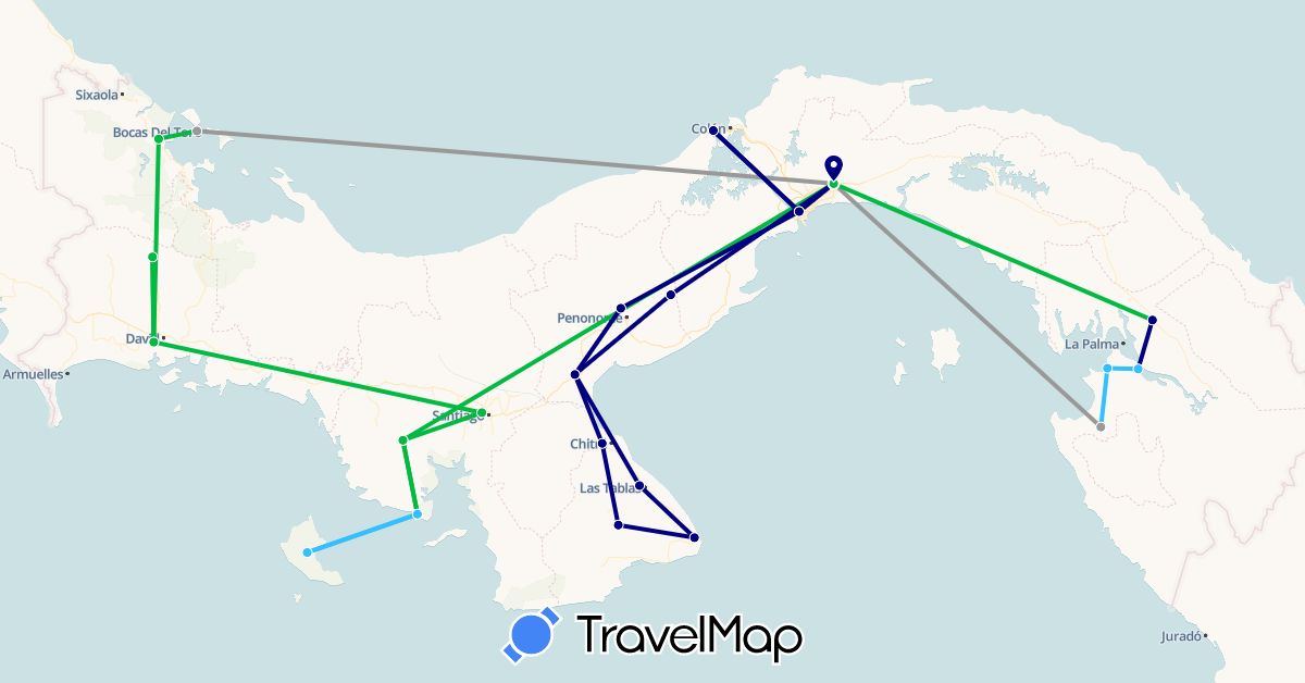 TravelMap itinerary: driving, bus, plane, boat in Panama (North America)